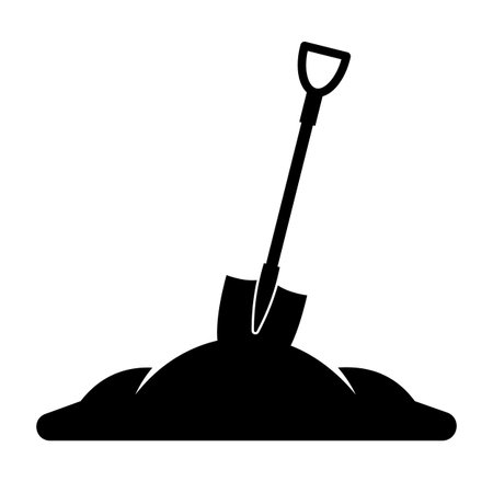 Shovel in Soil. Silhouette Vector Illustration. A shovel embedded in a mound of soil. The image captures the essence of hard work, gardening, construction or excavation.のイラスト素材