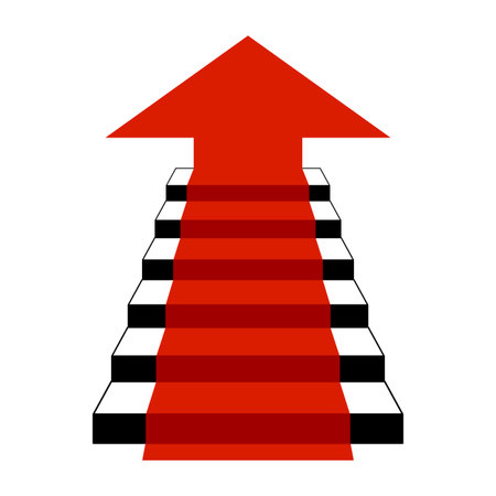 Stairway to Success with Red Arrow Vector Illustration. A red upward arrow combined with a staircase design, symbolizing growth, progress, success and achievement.のイラスト素材