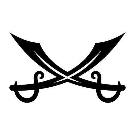 Pirate Crossed Swords Vector Illustration. Two crossed pirate swords, also known as scimitars or cutlasses, forming a bold and stylish symbol.のイラスト素材