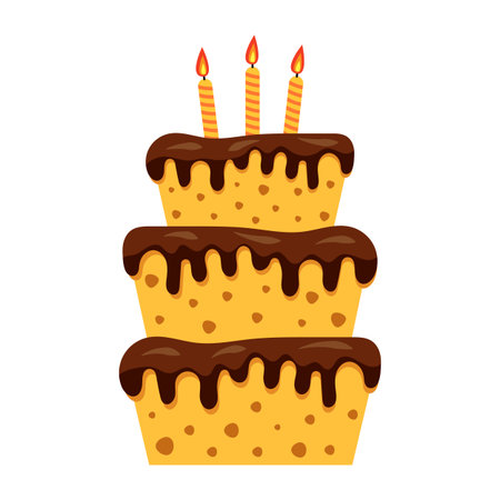 Three-Tier Birthday Cake with Chocolate Glaze and Candles. Vector Illustration. Perfect for birthday...