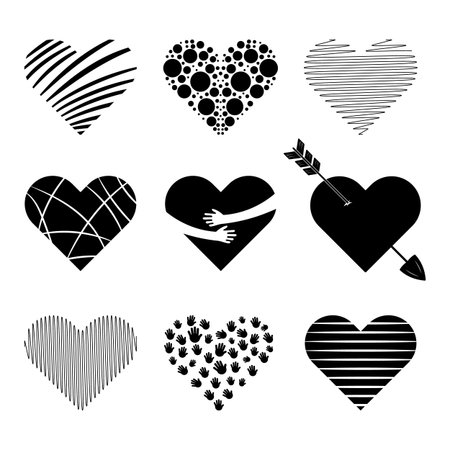 Set of Abstract Black Hearts for Love, Valentine and Wedding Design. Vector Illustration. Perfect for Valentines Day designs, romantic cards, posters, prints or digital projects.のイラスト素材