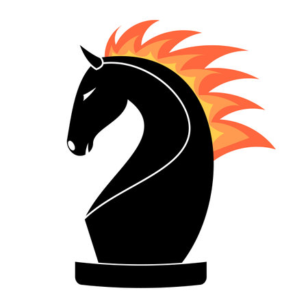Fiery Chess Knight Vector Illustration. Bold vector illustration of a black chess knight with a dynamic flaming mane in shades of orange, red and yellow.のイラスト素材