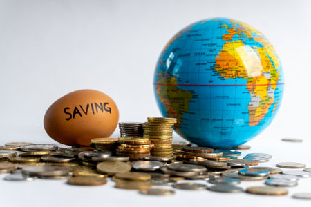 Global finance, investment, and savings concept. Stacked coins, world globe, and egg with 'SAVING' text. Economic future planning.の写真素材