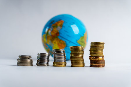 Stacks of coins in ascending order with a world globe behind them, representing global finance, investment growth, economic trends, savings, and international markets.の写真素材