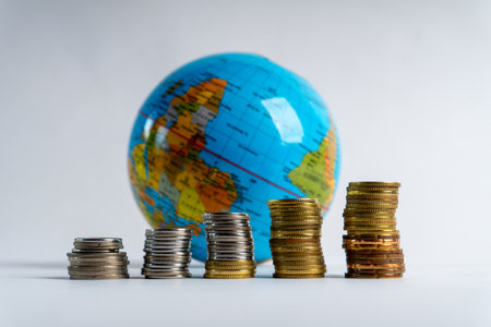 Stacks of coins in ascending order with a world globe behind them, representing global finance, investment growth, economic trends, savings, and international markets.の写真素材