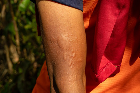 Close-up of arm with visible skin lesions or scars, highlighting dermatological condition for...
