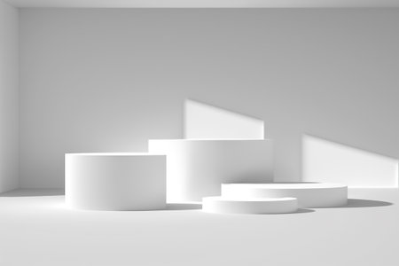 Abstract scene with white podiums on white background. 3d renderの写真素材