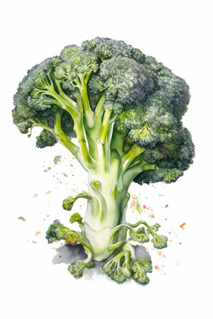 Broccoli isolated on white background. Fresh green broccoli with watercolor splashesの写真素材
