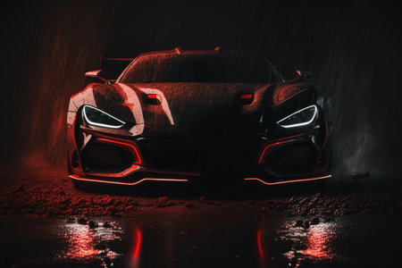 Front view of a red sports car in the rain on a dark backgroundの写真素材