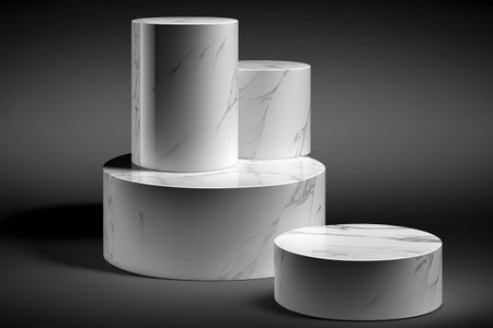 3d render of white marble podiums isolated on black background.の写真素材
