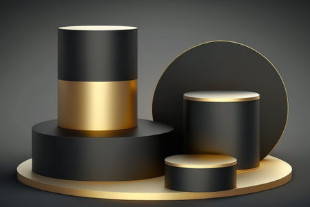 Black and gold round podiums on dark background. 3d renderの写真素材
