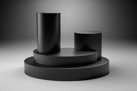 Black round podium on a gray background. 3d rendering, 3d illustration.の写真素材