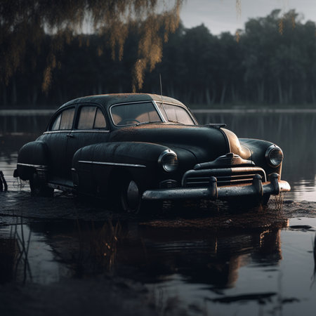 Old car in the water on a foggy day. Retro car.の素材