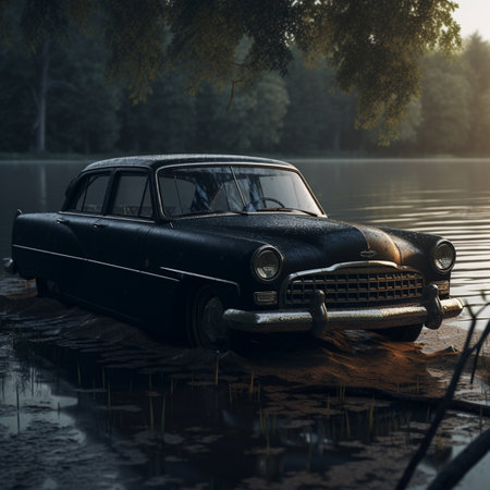 Old car in the water on a foggy day. 3d renderingの素材