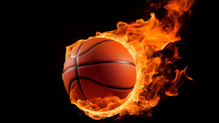 Basketball ball in fire flames isolated on black background. 3d illustrationの素材