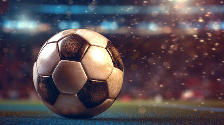 Soccer ball on the field. 3d rendering. Blurred background.の写真素材