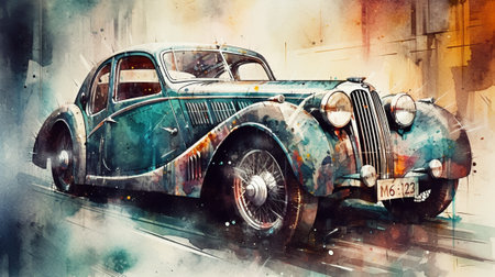 Vintage Classic Car Illustration on Watercolor Background. Digital Painting.の写真素材