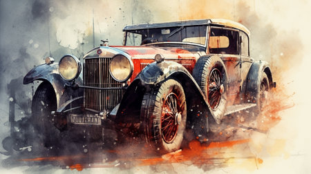 Vintage car on watercolor painting background. Retro car, old carの写真素材