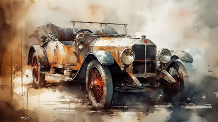 Vintage old car on watercolor background. Digital painting illustration.の写真素材