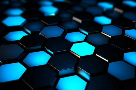 Abstract blue hexagon background, 3d render illustration, square imageの写真素材