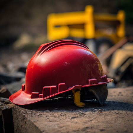 Hard hat on construction site. Selective focus. Shallow depth of field.の素材