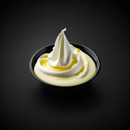 Sour cream in bowl isolated on black background. 3d illustrationの素材