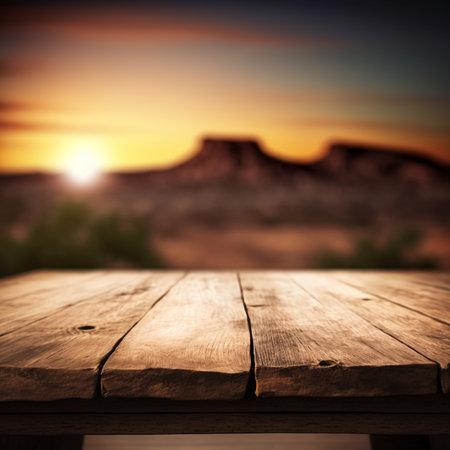 Empty table for Your photomontage or product display with sunset in backgroundの素材