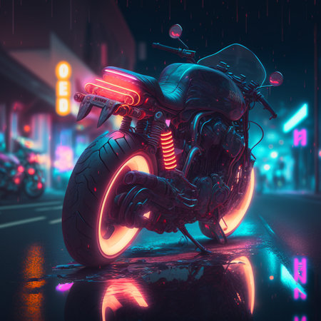 Motorcycle on the road with neon lights. 3d rendering.の素材