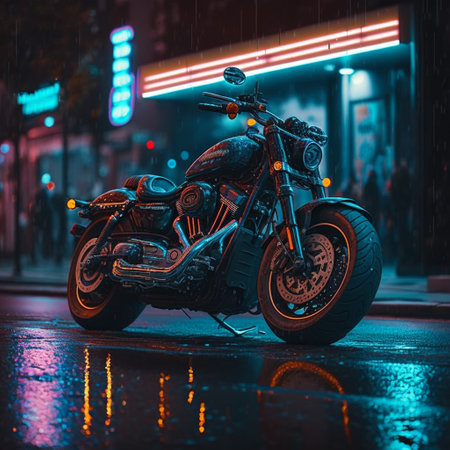 Motorcycle in the rain on the street at night with neon lights.の素材