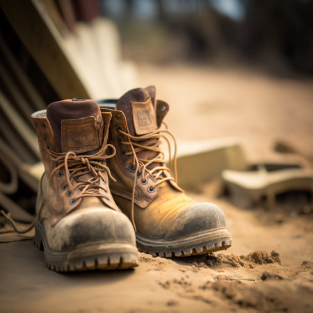 Old boots on the sand in the desert. Selective focus.の素材