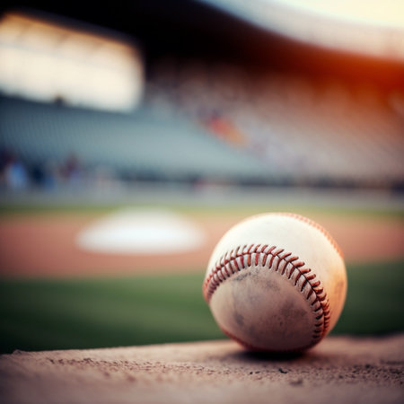 Baseball on the field with blurred stadium background. Soft focus.