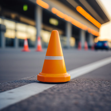 Traffic cone on the road with blurred background of shopping mall.の素材