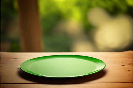 Empty green plate on wooden table with bokeh nature background.の素材