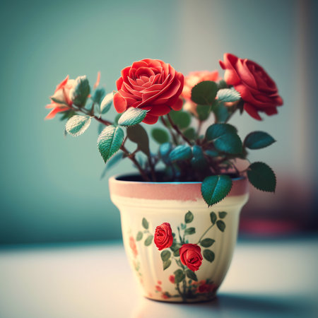 Beautiful red roses in vase on table - retro filter effectの素材