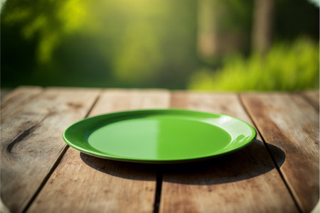 Empty green plate on wooden table in garden with bokeh backgroundの素材