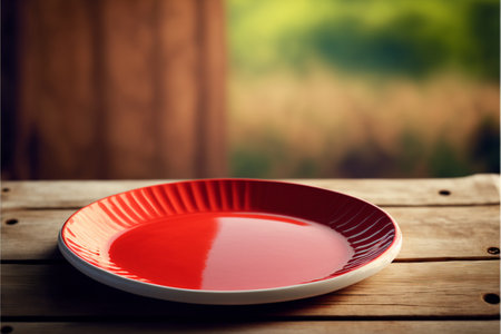 Red plate on wooden table with blurred background. Selective focus.の素材
