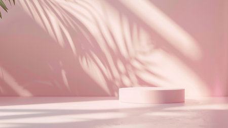3d render, abstract minimal geometric forms. Glossy white podium for product presentation with shadows from palm leaves.の素材