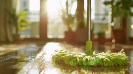 Cleaning floor with green mop. Cleaning service concept.の素材