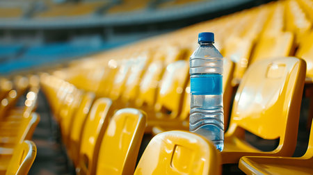 Plastic bottle of water on the seat in the stadium with yellow seatsの素材