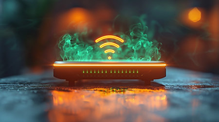 Wifi router with blue smoke on the table. 3d renderingの素材