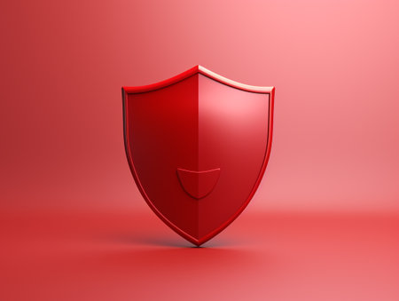 3d rendering of a red shield with a happy face on a red backgroundの素材