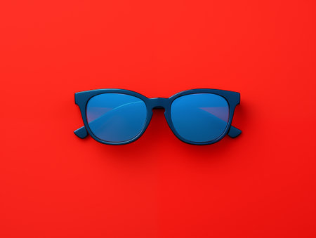 Blue sunglasses isolated on a red background. 3d render illustration.の素材