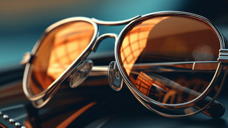 Sunglasses with brown lenses in an iron frame on a dark background close-up. Selective focus.の素材