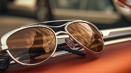 Sunglasses on an old car, close-up. 3d renderingの素材