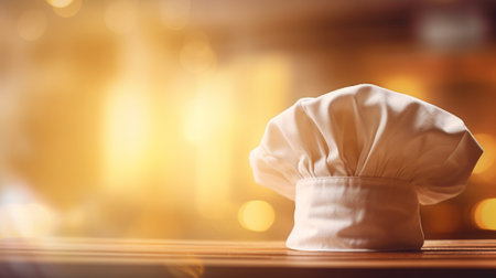 Chef hat on wooden table with bokeh light background.の素材