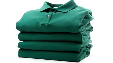 Stack of green polo shirts isolated on white background with clipping pathの素材