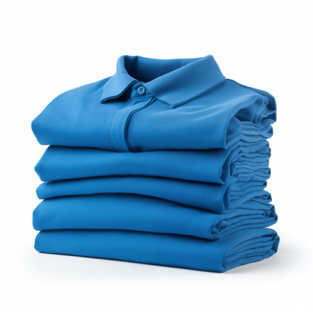 Stack of blue folded shirts isolated on white background. 3d illustrationの素材