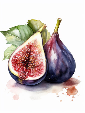 Fresh figs isolated on white background. Watercolor hand drawn illustrationの素材