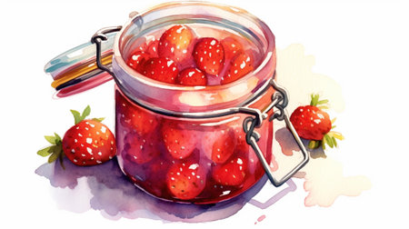 Strawberry jam in a glass jar. Watercolor hand drawn illustrationの素材