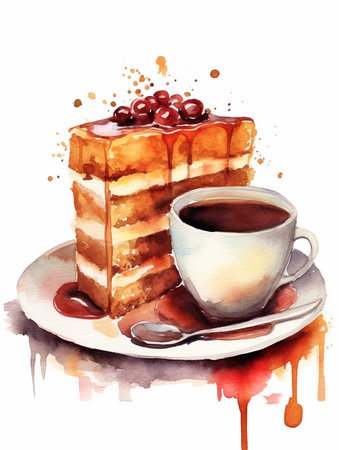 Watercolor illustration of a cup of coffee and cake on a white backgroundの素材